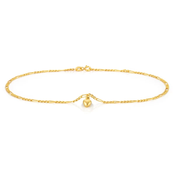 9ct Yellow Gold Heart Charm 3:1 Figaro 29cm Anklet – Shiels Jewellers