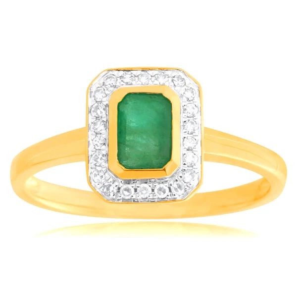 9ct Yellow Gold Natural Emerald 6x4mm and Diamond 0.10ct Ring – Shiels Jewellers