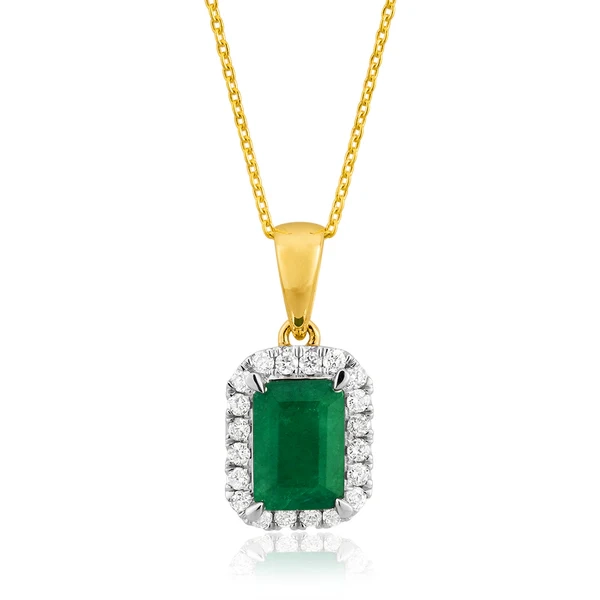 9ct Yellow Gold Natural Emerald 7x5mm and Diamond Pendant with 45cm Ch – Shiels Jewellers