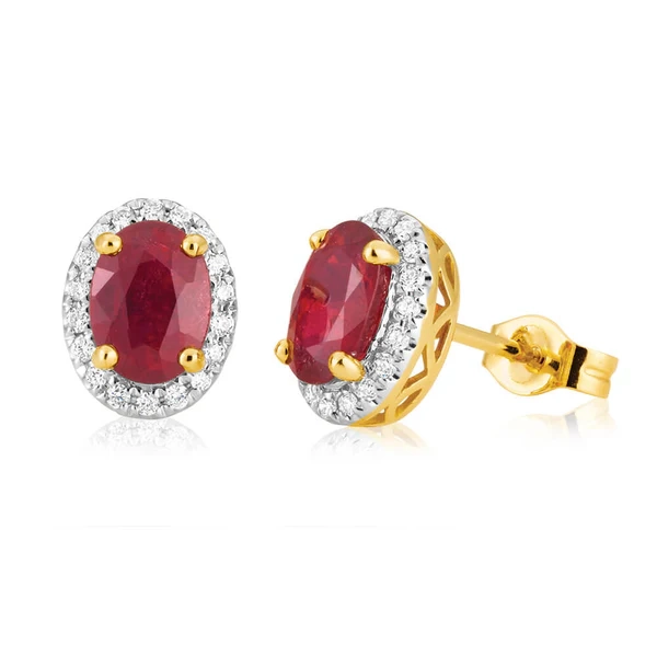 9ct Yellow Gold Natural Enhanced/Treated Ruby and Diamond Stud Earring – Shiels Jewellers