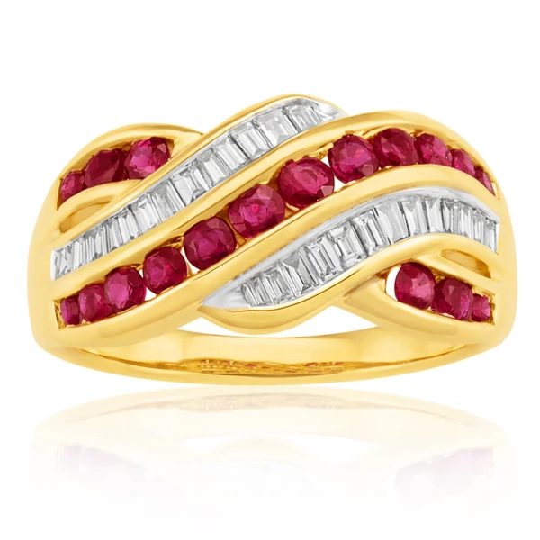 9ct Yellow Gold Natural Ruby 0.93ct and 1/3 Carat Diamond Wave Ring – Shiels Jewellers