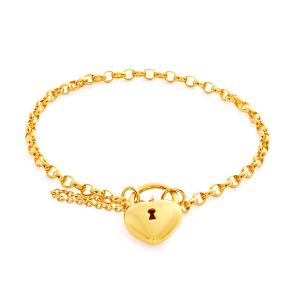 9ct Yellow Gold Oval Belcher Plain Heart Charm Padlock 19cm Bracelet – Shiels Jewellers