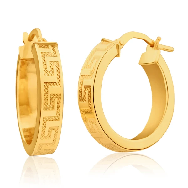 9ct Yellow Gold Silver Filled Greek Key 15mm Hoop Earrings – Shiels Jewellers