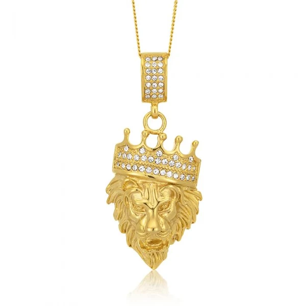 Stainless Steel and Gold Plated Crystal Lion Head with Crown Pendant – Shiels Jewellers