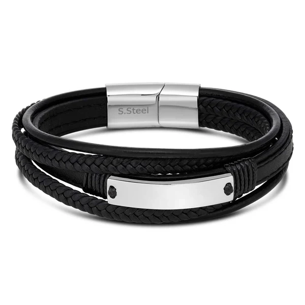 Stainless Steel and Leather Gents Magnetic Black Leather Bracelet with – Shiels Jewellers