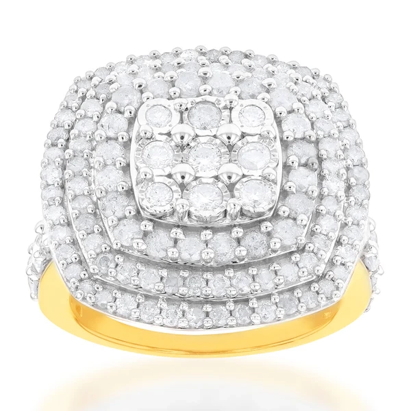 Sterling Silver and 9ct Yellow Gold 2 Carat Diamond Cushion Shape Clus – Shiels Jewellers