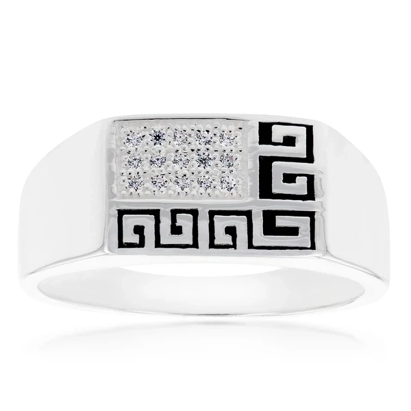 Sterling Silver Cubic Zirconia And Greek Pattern On Gents Ring – Shiels Jewellers