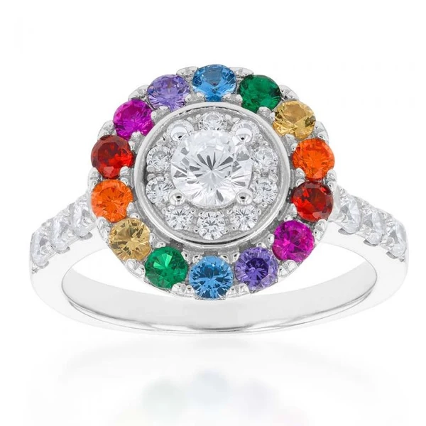 Sterling Silver Rainbow Multicolour Cubic Zirconia Halo & Channel Ring – Shiels Jewellers