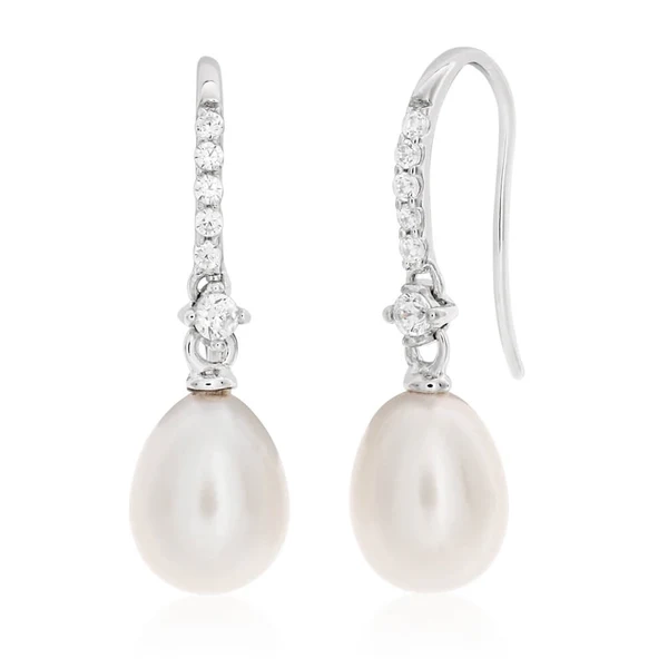 Sterling Silver White Freshwater Pearl + Cubic Zirconia Drop Earrings – Shiels Jewellers