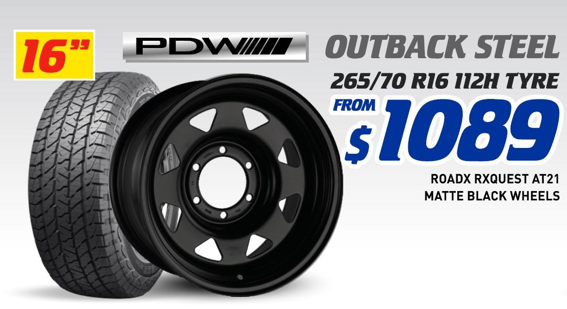 16" 4 WHEEL & 4 TYRE PACKAGES - PDW OUTBACK STEEL ROADX RXQUEST AT21