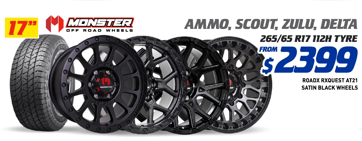 17" 4 WHEEL & 4 TYRE PACKAGES - MONSTER AMMO ROADX RXQUEST AT21