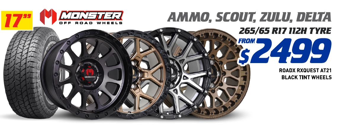 17" 4 WHEEL & 4 TYRE PACKAGES - MONSTER AMMO ROADX RXQUEST AT21