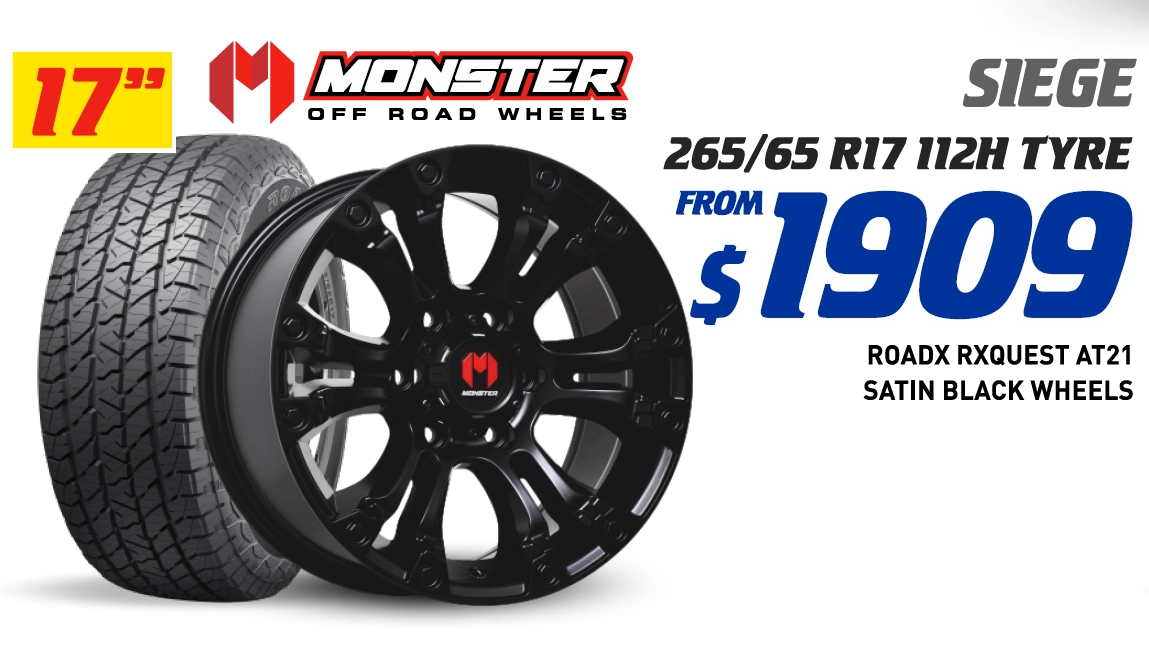 17" 4 WHEEL & 4 TYRE PACKAGES - MONSTER SIEGE ROADX RXQUEST AT21