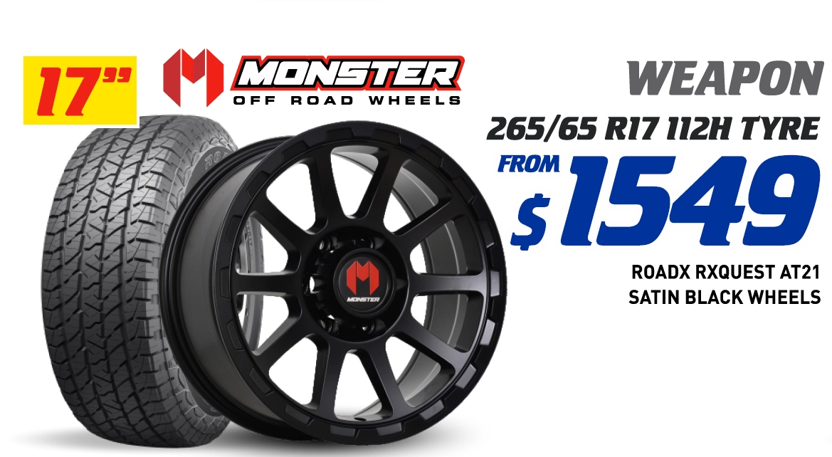 17" 4 WHEEL & 4 TYRE PACKAGES - MONSTER WEAPON ROADX RXQUEST AT21