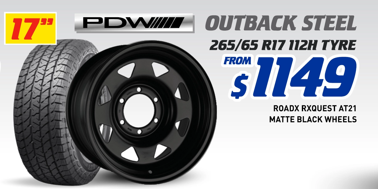 17" 4 WHEEL & 4 TYRE PACKAGES - PDW OUTBACK STEEL ROADX RXQUEST AT21