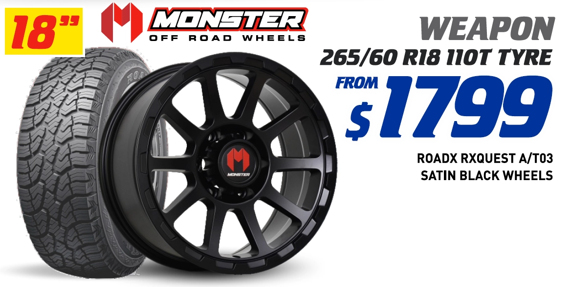 18" 4 WHEEL & 4 TYRE PACKAGES - MONSTER WEAPON ROADX RXQUEST A/T03