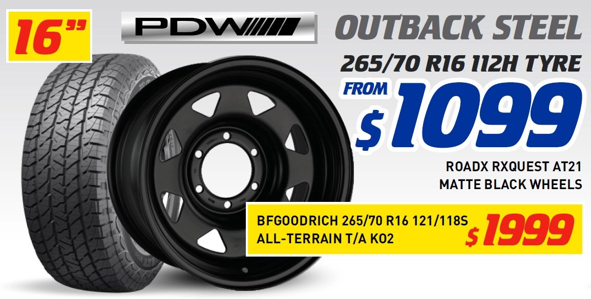 16" 4 WHEEL & 4 TYRE PACKAGES - PDW OUTBACK STEEL BFGOODRICH 121/118S ALL-TERRAIN T/A KO2