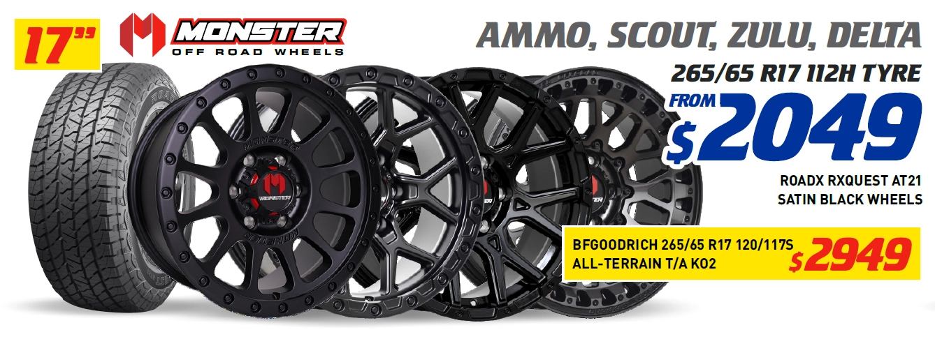 17" 4 WHEEL & 4 TYRE PACKAGES - MONSTER AMMO, SCOUT, ZULU, DELTA BFGOODRICH 120/117S ALL-TERRAIN T/A KO2