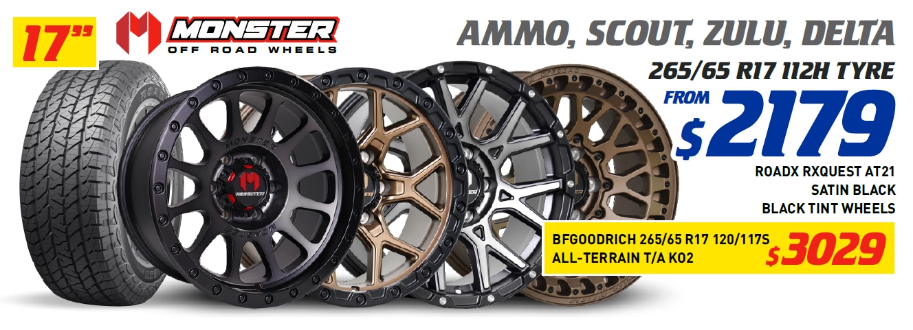 17" 4 WHEEL & 4 TYRE PACKAGES - MONSTER AMMO, SCOUT, ZULU, DELTA BFGOODRICH 120/117S ALL-TERRAIN T/A KO2