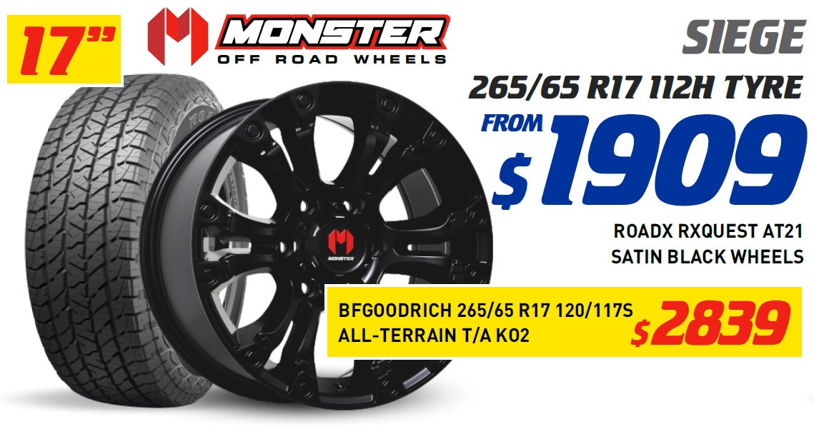 17" 4 WHEEL & 4 TYRE PACKAGES - MONSTER SIEGE BFGOODRICH 120/117S ALL-TERRAIN T/A KO2