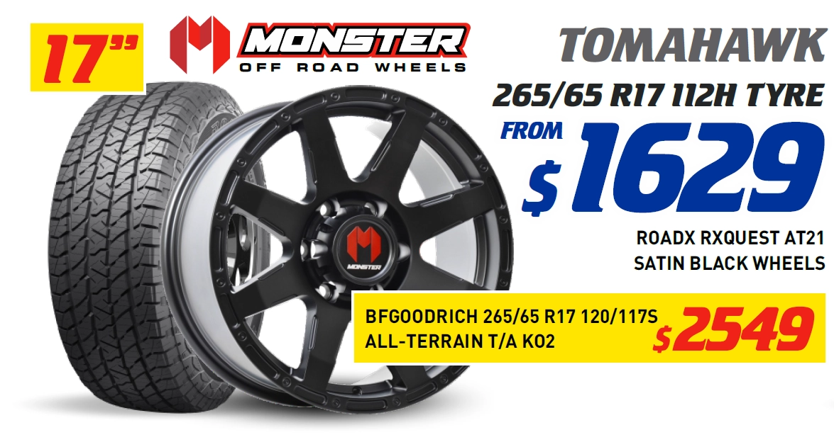 17" 4 WHEEL & 4 TYRE PACKAGES - MONSTER TOMAHAWK BFGOODRICH 120/117S ALL-TERRAIN T/A KO2