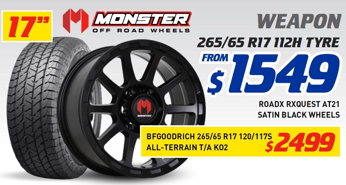 17" 4 WHEEL & 4 TYRE PACKAGES - MONSTER WEAPON BFGOODRICH 120/117S ALL-TERRAIN T/A KO2