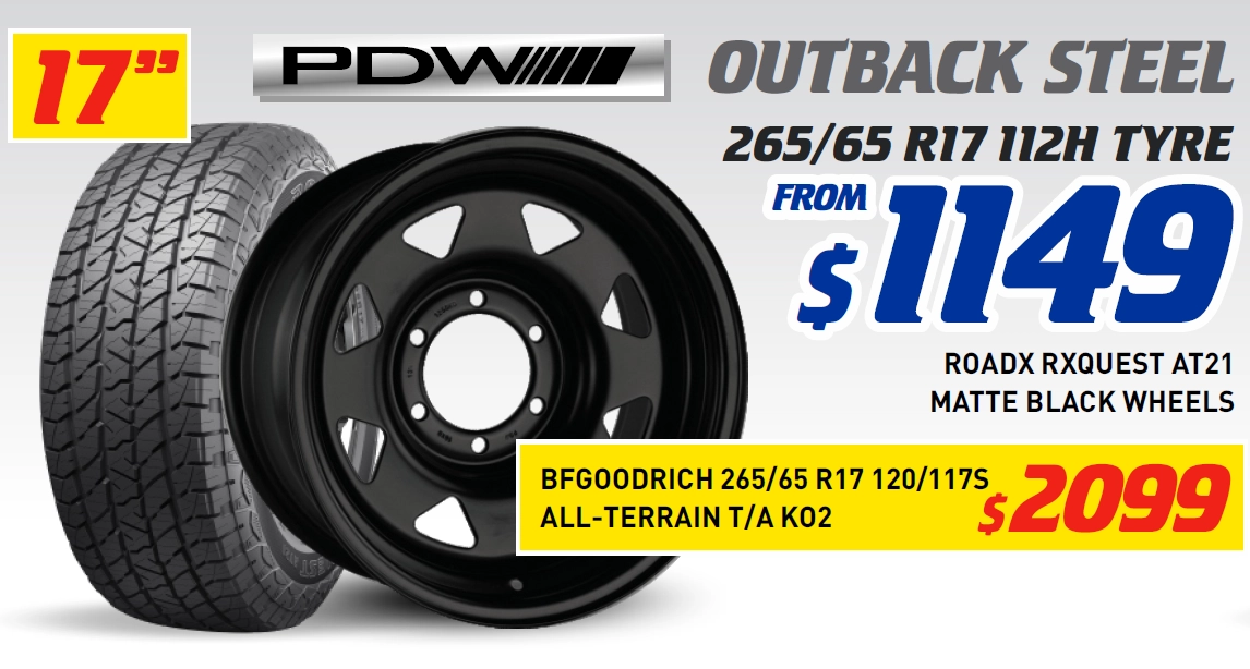 17" 4 WHEEL & 4 TYRE PACKAGES - PDW OUTBACK STEEL BFGOODRICH 120/117S ALL-TERRAIN T/A KO2