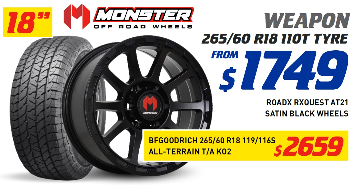 18" 4 WHEEL & 4 TYRE PACKAGES - MONSTER WEAPON BFGOODRICH 119/116S ALL-TERRAIN T/A KO2