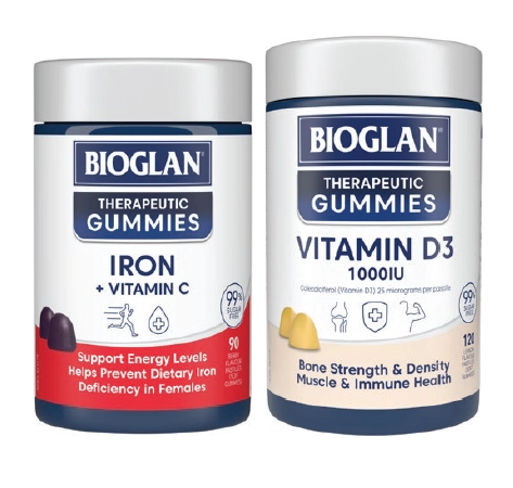 Bioglan Therapeutic Gummies Iron + Vitamin C 90 gummies or Therapeutic Gummies Vitamin D3 1000IU 120 gummies