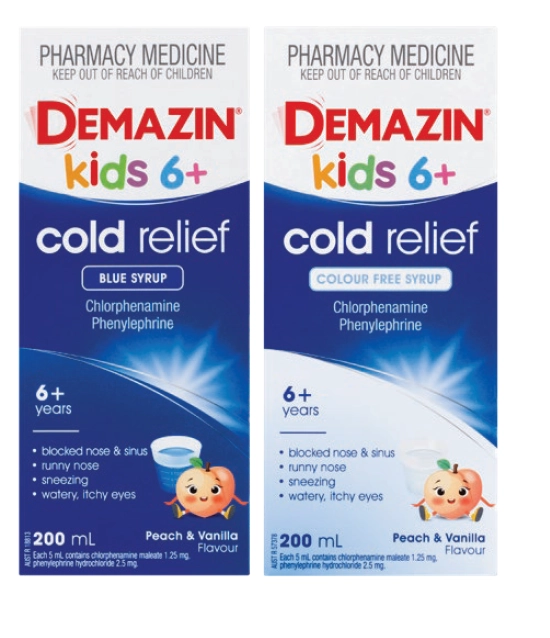 Demazin Kids 6+ Years Cold Relief Blue Syrup or Colour Free Syrup 200ml