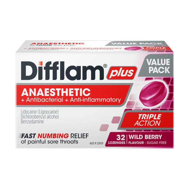 Difflam Plus Anaesthetic Triple Action Wild Berry 32 lozenges