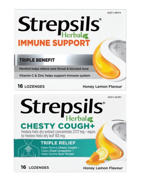 Strepsils Herbal Immune Support or Herbal Chesty Cough Honey & Lemon 16 lozenges