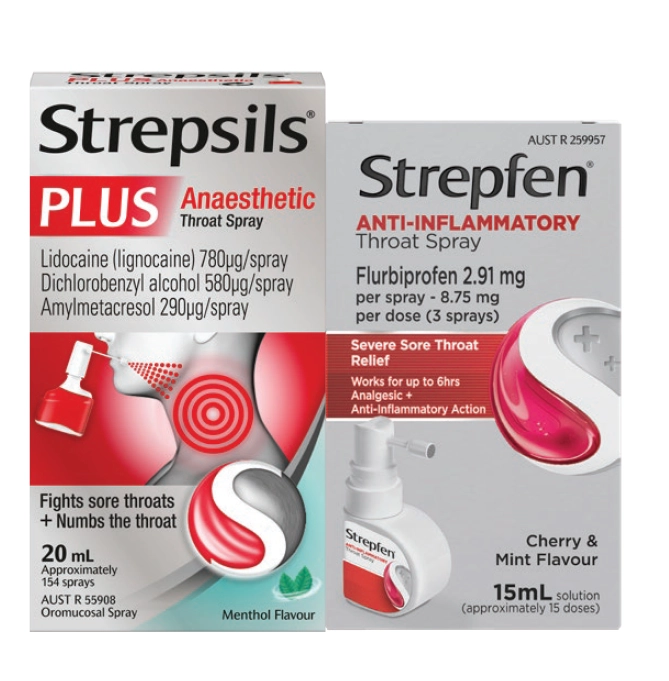 Strepsils Plus Anaesthetic Throat Spray 20ml or Strepfen Anti-Inflammatory Throat Spray 15ml