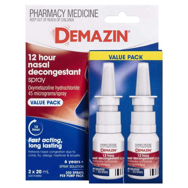 Demazin 12 Hour Nasal Decongestant Spray 2x20ml Value Pack