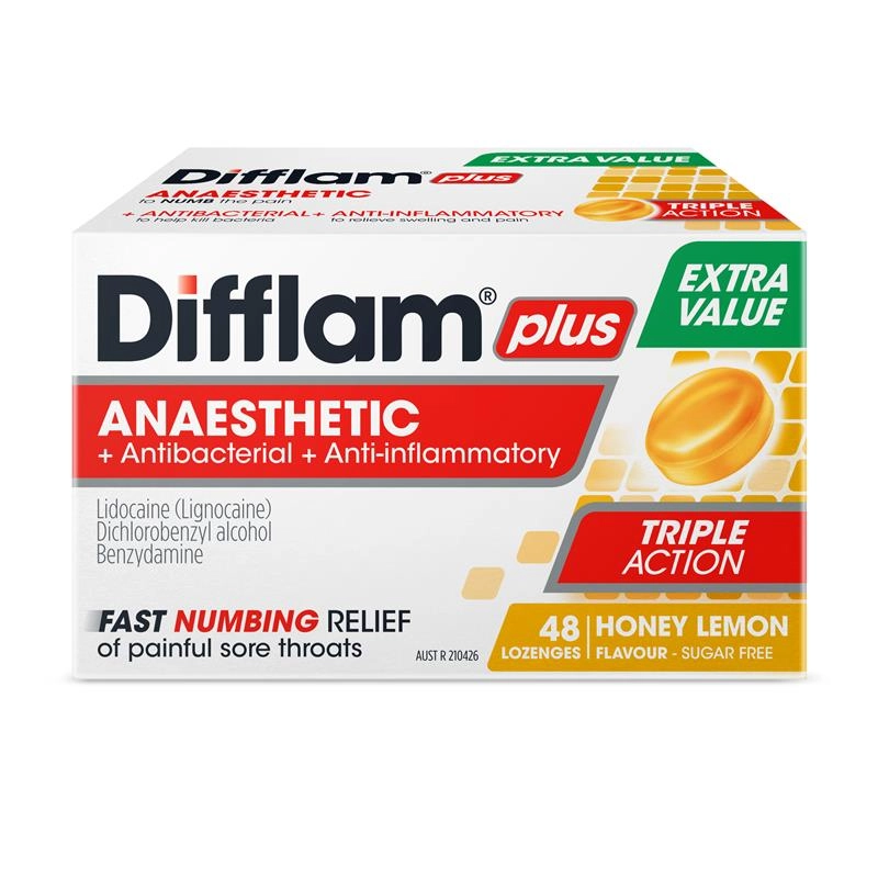 Difflam Plus Anaesthetic + Antibacterial + Anti-Inflammatory Honey Lemon 48 Lozenges