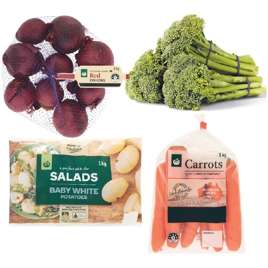 Australian Carrots 1 kg Pack, Australian Red Onions 1 kg Pack, Australian Washed White Baby Potatoes 1 kg Pack or Australian Broccolini Bunch