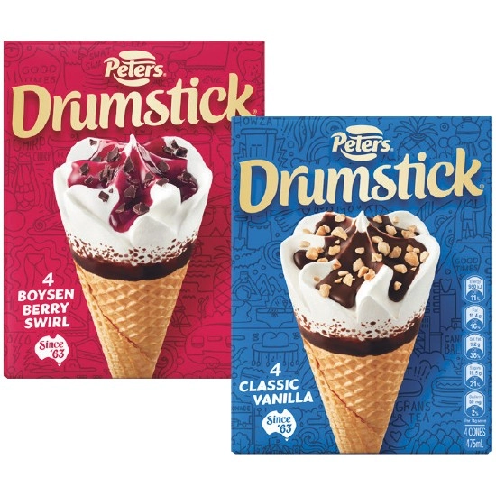 Peters Ice Cream Drumstick 475-490ml Pk 4-6 – From the Freezer – Excludes Plant Based