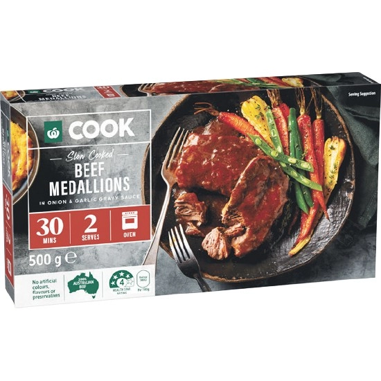 Woolworths COOK Slow Cooked Beef Medallions in Onion & Gravy 500g