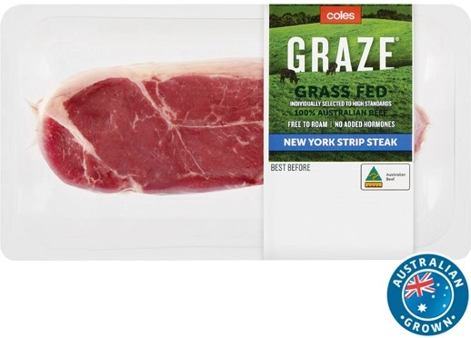 Coles Australian No Added Hormones GRAZE Grass Fed Beef New York Strip Steak 380g