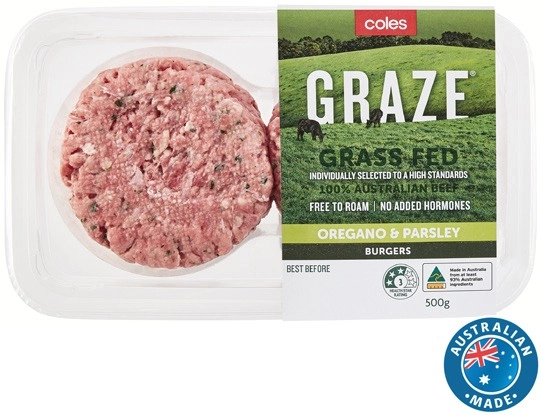 Coles GRAZE Grass Fed Beef Burgers 500g