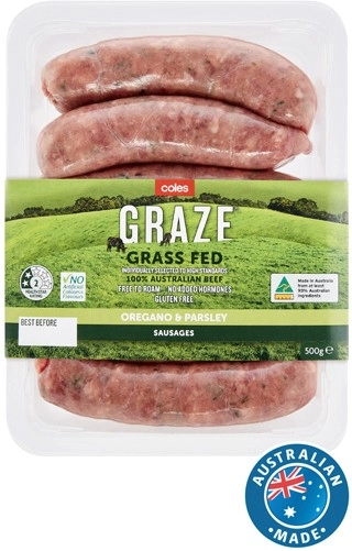 Coles GRAZE Grass Fed Beef Sausages 500g