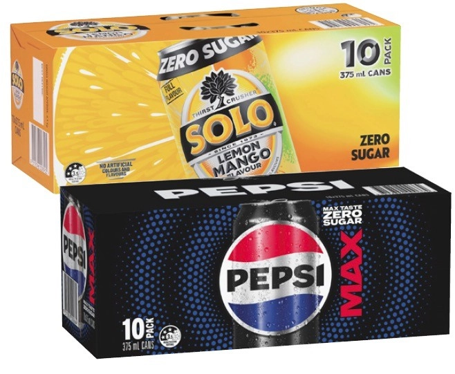 Pepsi, Solo or Schweppes Soft Drink 10x375mL