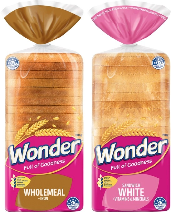 Wonder White or Wholemeal Bread 680-700g Selected Varieties