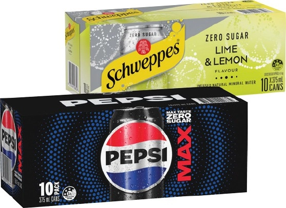 Pepsi, Solo, Schweppes 10x375mL or Bubly 8x375mL Selected Varieties