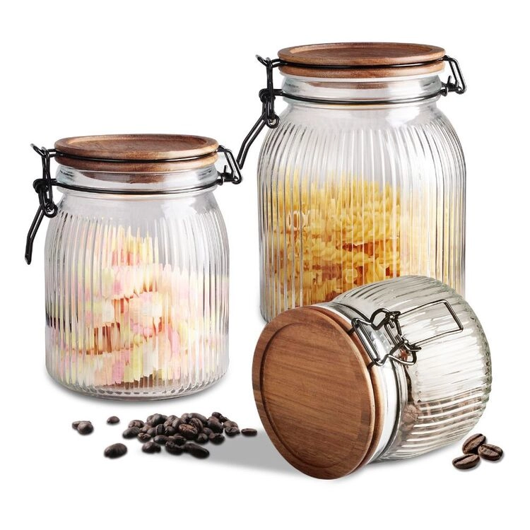 Art Craft 3 Piece Rib Glass Jars With Acacia Lid