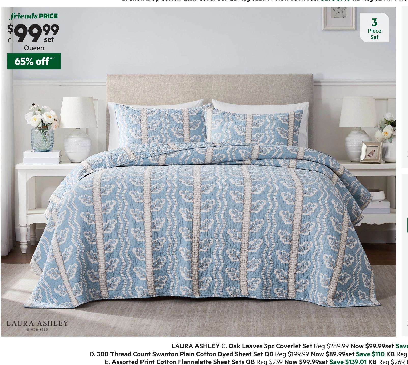 Laura Ashely Oak Leaves Coverlet Set Mist Queen