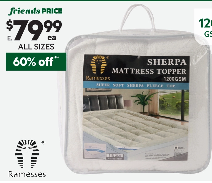 Ramesses 1200 GSM Sherpa Mattress Topper White King Bed