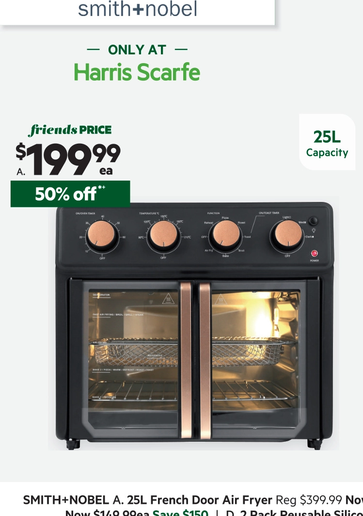 Smith + Nobel 25L French Door Air Fryer Black & Rose Gold SNAF250RGB