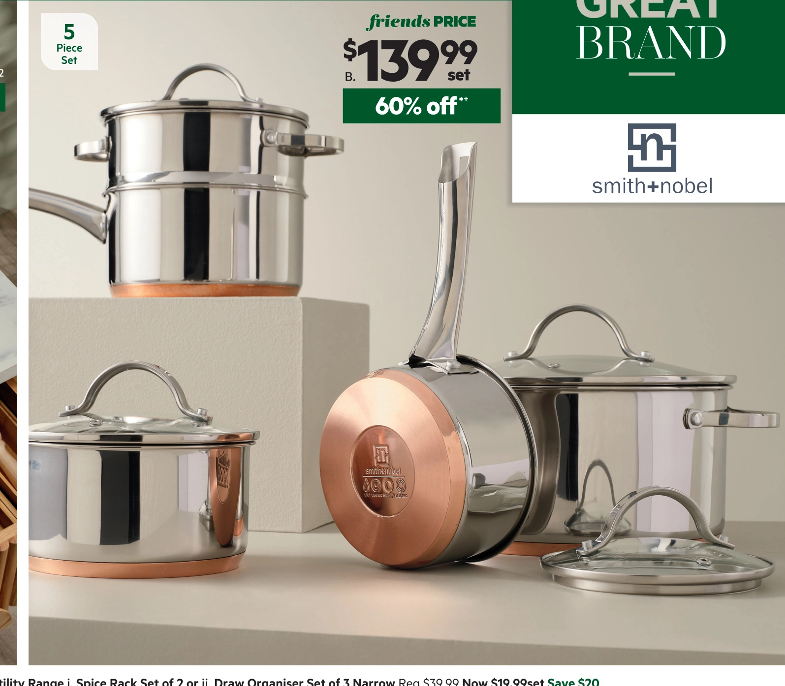 Smith + Nobel Luminous 5-Piece Copper Base Stainless Steel Cookset