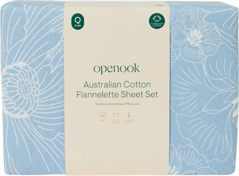 NEW Openook Australian Cotton Flannelette Sheet Set - Queen - Blue Floral